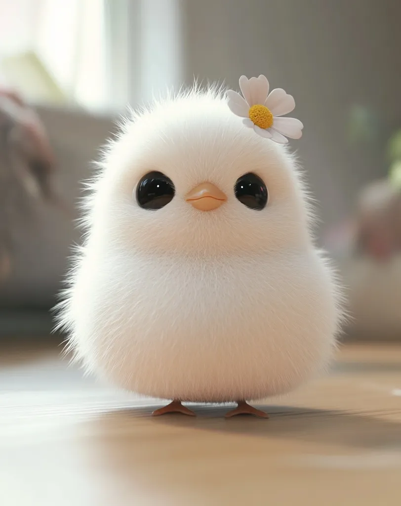 A small, fluffy chick with a white daisy on its head sits on a wooden floor. The chick has large, dark eyes and a small, orange beak. Its soft feathers are a stark contrast to the warm wood. The chick's small size and adorable appearance make it a delightful image.