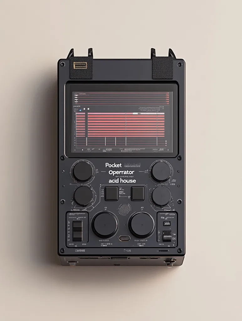 A black, rectangular device with a small screen displaying a red, horizontal bar graph. The device is labeled "Pocket Operator" and "acid house". It has numerous buttons and knobs with various markings, resembling a music production tool. The device sits on a light beige background.