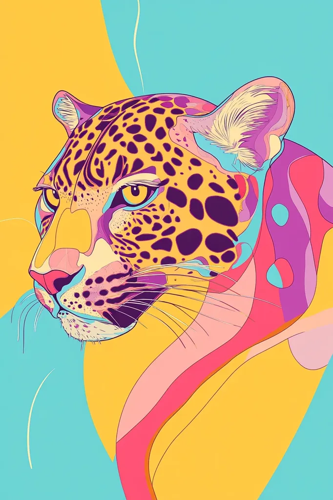 A stylized illustration of a leopard's head against a background of yellow, blue and pink. The leopard has a focused gaze, with its spots and fur rendered in a bold, graphic style. The image has a modern, geometric aesthetic.