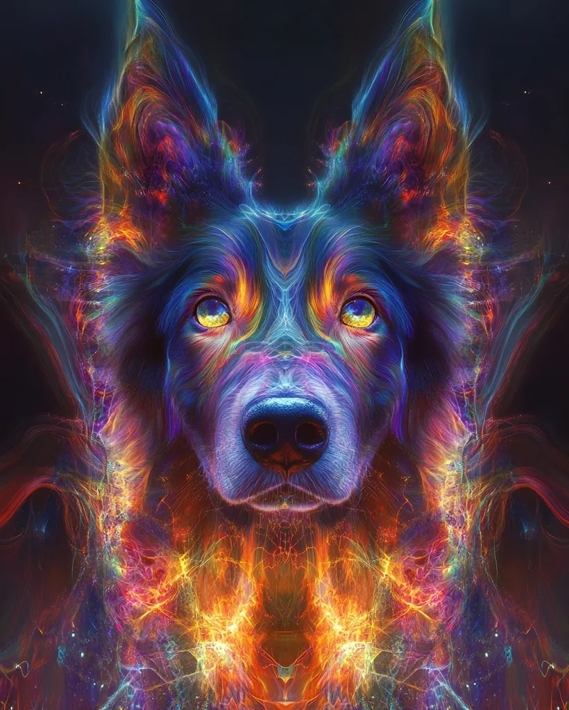 The image is an abstract representation of a dog's face. The fur is made up of colorful, swirling lines and the eyes are glowing with a vibrant blue. The background is a mix of dark and bright colors, creating a sense of energy and movement. The overall effect is both mesmerizing and unsettling, suggesting a powerful and mysterious animal.