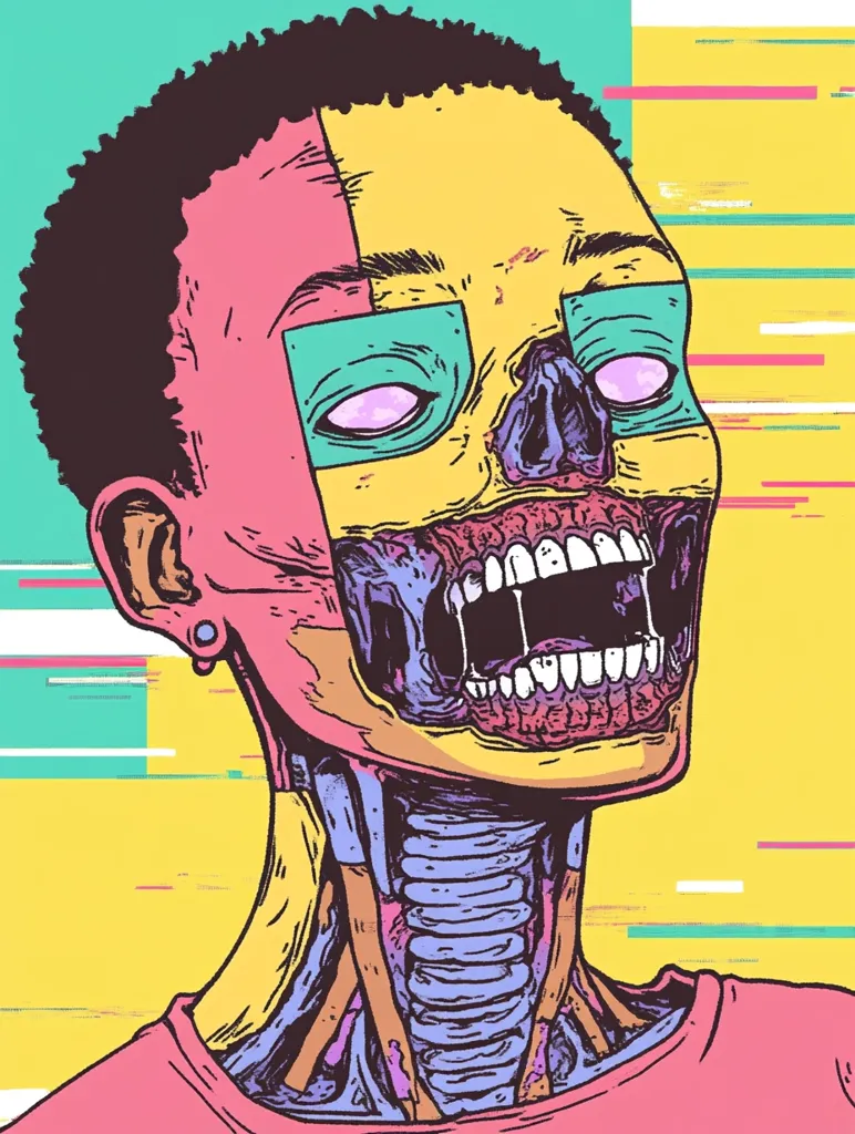 The image is a digital illustration of a person with a skull-like face and exposed insides. The person is depicted with a wide open mouth and a bright, colorful, and detailed style. The background has a digital glitch effect. The colors are vibrant and bold, creating a jarring and eye-catching visual. The overall impression is one of a surreal and somewhat disturbing depiction of the human body.