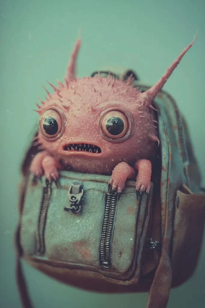 A pink, spiky, creature with large, black eyes and a toothy grin is peeking out of an old, green backpack. The creature's front paws are resting on the top of the bag. The backpack's zipper is open, and the creature's head is sticking out. The background is a soft green.  The image is reminiscent of a children's storybook illustration.  The creature's expression is a mix of curiosity and fear.  The overall image is both whimsical and slightly unsettling.