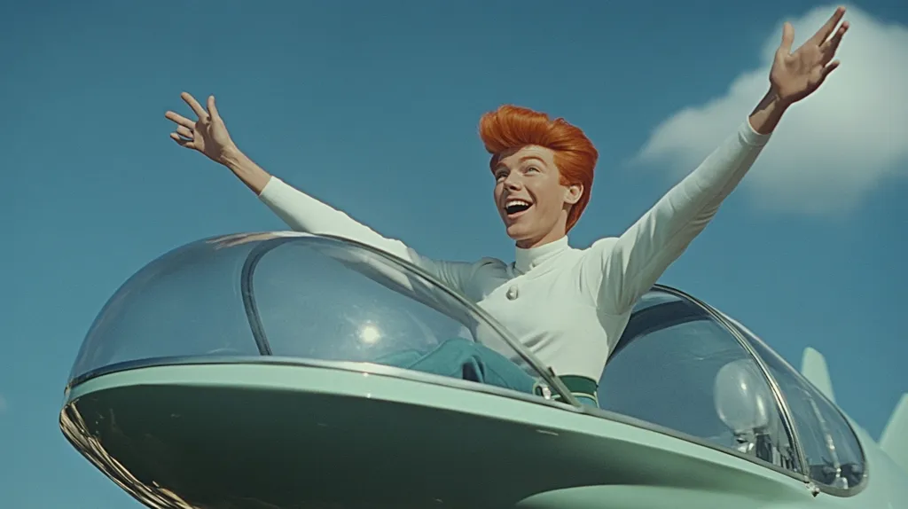 A woman with bright red hair is sitting in the cockpit of a futuristic vehicle. Her arms are outstretched, as she gazes up at the sky with a joyful expression. The vehicle is sleek and modern, with a large windshield. The background is a clear blue sky with a few wispy clouds. The overall image evokes a sense of freedom and excitement, as the woman embarks on a thrilling journey.