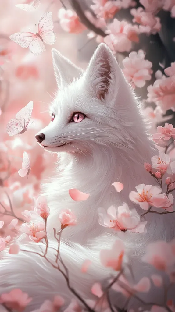 A white fox with pink eyes sits amidst a field of blooming cherry blossoms. The image is soft and ethereal, with delicate petals falling around the fox. The fox looks off to the side, seemingly lost in thought. Butterflies flutter nearby, adding to the dreamlike atmosphere.  The light pastel colors create a serene and whimsical scene.
