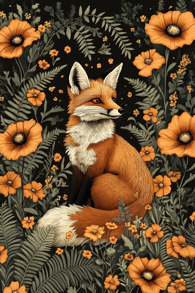 A red fox sits in a lush field of orange flowers. The fox is facing to the right, with its tail curled behind it. The flowers are in full bloom, and the leaves are green and vibrant. The background is a dark forest, which creates a sense of mystery and intrigue. The image is a beautiful depiction of the natural world, and it is sure to capture the imagination of anyone who sees it.