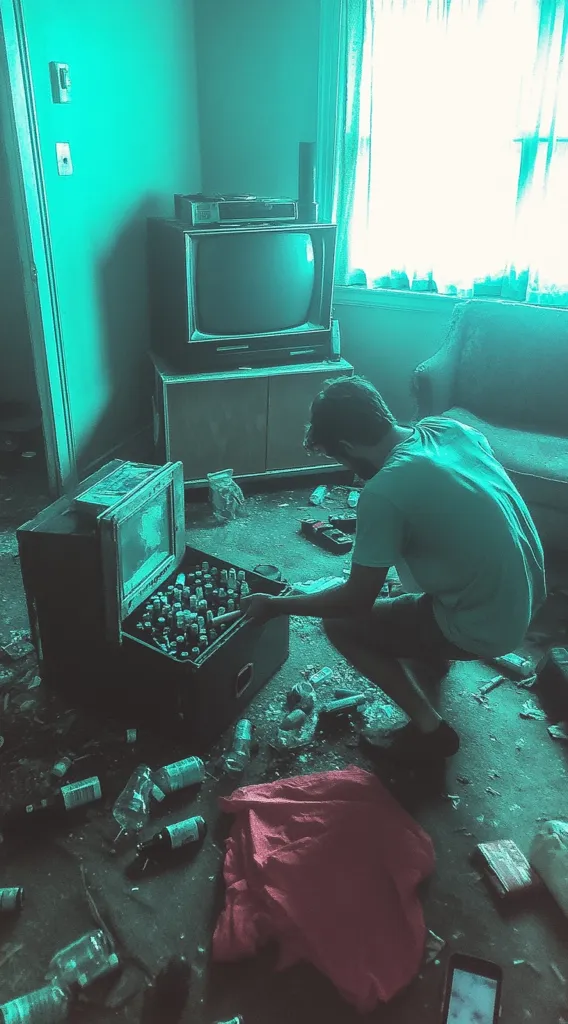 A man wearing a light blue t-shirt sits on the floor in a dimly lit room. He is looking down at a box filled with small items. An old TV with a black and white screen sits on a shelf against a wall. The room is covered in debris and a red cloth sits on the floor. The image is in a teal color palette, creating a mysterious and eerie atmosphere.