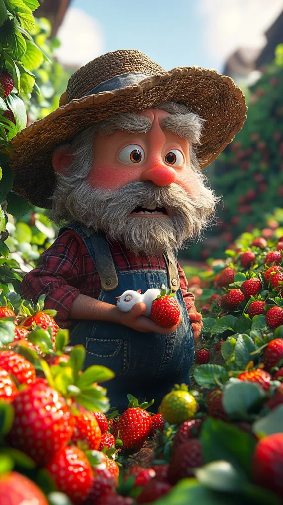 A cartoon, elderly man with a large, bushy beard and a straw hat is standing in a strawberry patch. He is holding a small, white animal in his hand and a large strawberry in the other. He looks surprised or startled, with his mouth slightly open and his eyebrows raised. The image has a whimsical, cartoon-like feel, with the man's features exaggerated and the strawberries brightly colored. The background is a lush, green strawberry patch with ripe red strawberries.