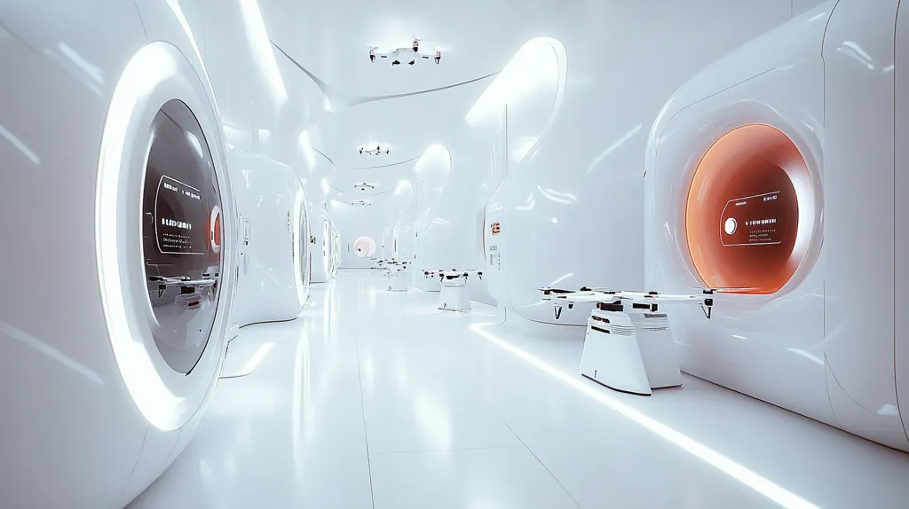 The image shows a futuristic, white medical facility with curved walls and large, circular openings.  There are several white medical beds and a few small, white robots.  The floor is glossy and reflective, and the lighting is bright and sterile. The overall impression is clean, modern, and clinical.