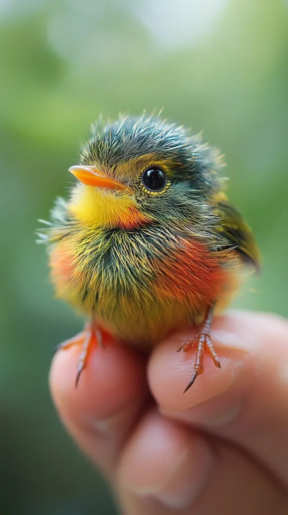 A small, fluffy bird with vibrant green, yellow, and orange feathers is held gently in someone's hand.  The bird's big, dark eyes and tiny beak are visible, and its claws are curled around a finger. The bird is surrounded by a soft green background.  The image captures the delicate beauty and vulnerability of this young bird.