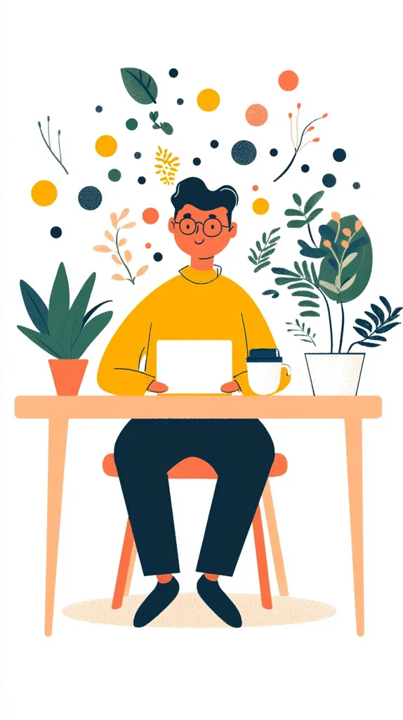 A man with glasses and a yellow sweater sits at a table with a laptop in front of him. He is surrounded by plants and colourful dots. He appears to be working on his laptop while enjoying his coffee. The image is drawn in a simple and playful style, using bright colors and playful lines.  The overall tone of the image is light and cheerful.