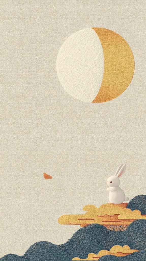 The image is a minimalist illustration with a pale yellow background. A large, round, half-white, half-yellow shape sits at the top of the image. Below, on a small cloud formation, a white rabbit sits with its ears perked up, gazing off to the left. A tiny, orange butterfly floats to the left of the rabbit. The entire image has a soft, muted feel and is reminiscent of Chinese art.