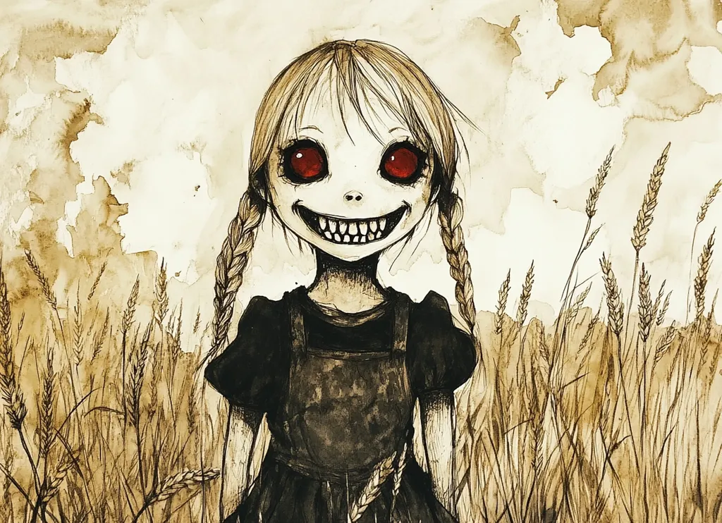 A girl with long braids stands in a field of tall grass, her wide eyes and chilling smile sending a shiver down the spine. The sepia tones and watercolors add a sense of eeriness to the scene, while the stark red eyes intensify the unsettling atmosphere.  The image is a mix of innocence and darkness, leaving a lingering sense of unease.