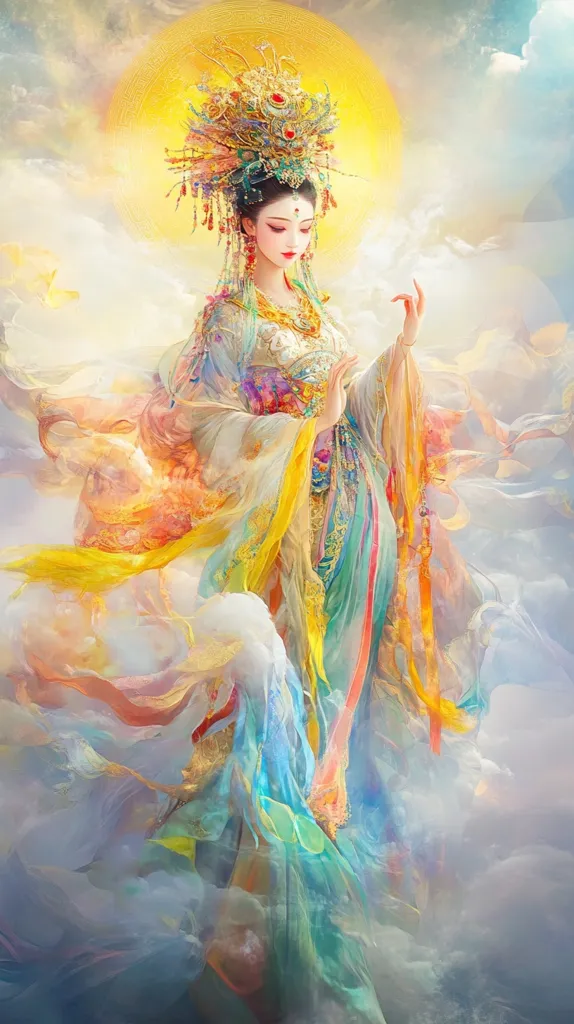 The image depicts a woman in a flowing, colorful robe, standing against a background of ethereal clouds and a radiant, yellow sun. She wears an elaborate headdress adorned with jewels and pearls, and her expression is serene and dignified. The image evokes a sense of otherworldliness and ethereal beauty.