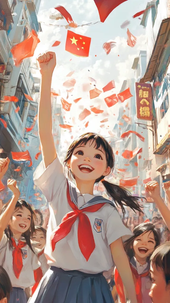A young girl in a white sailor uniform with a red tie smiles brightly as she raises her hand, with a background of red confetti and a Chinese flag. The scene suggests a celebratory atmosphere, perhaps a graduation or a national holiday. Other students can be seen in the background, also smiling and celebrating.