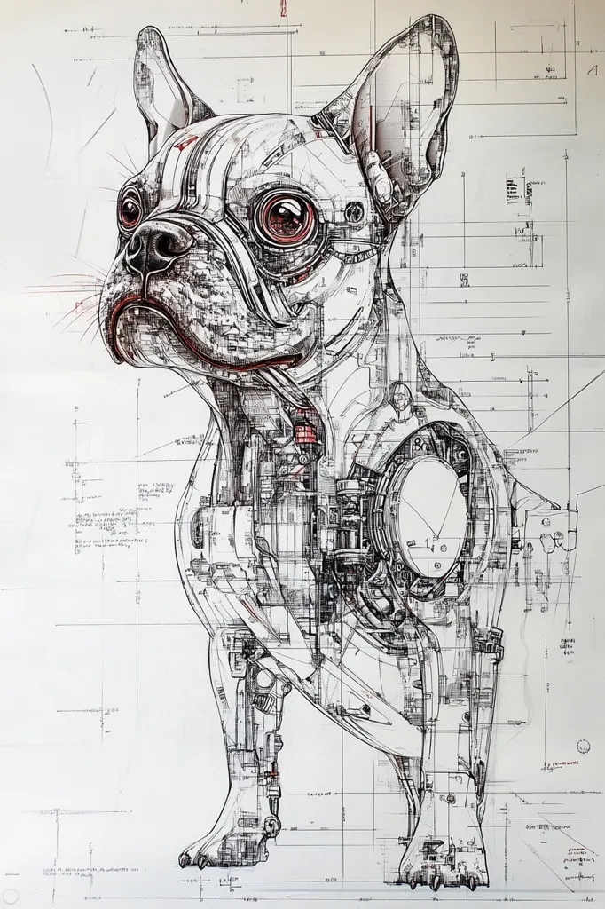 The image is a detailed pen and ink drawing of a French Bulldog. The dog is depicted as a complex machine, with its body made up of gears, levers, and other mechanical parts. The drawing is done in a realistic style, with intricate details and shading that give the dog a sense of depth and dimension. The background of the drawing is a grid of lines, which adds to the mechanical feel of the image. The drawing suggests that the dog is a powerful and sophisticated machine.