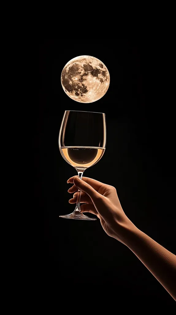 A hand holds a wine glass filled with white wine, with the moon as the backdrop. The image is shot in a dark room, highlighting the glass and the moon. The composition is simple yet elegant, creating a sense of tranquility and mystery. The image evokes feelings of relaxation, celebration, and the beauty of the night sky.