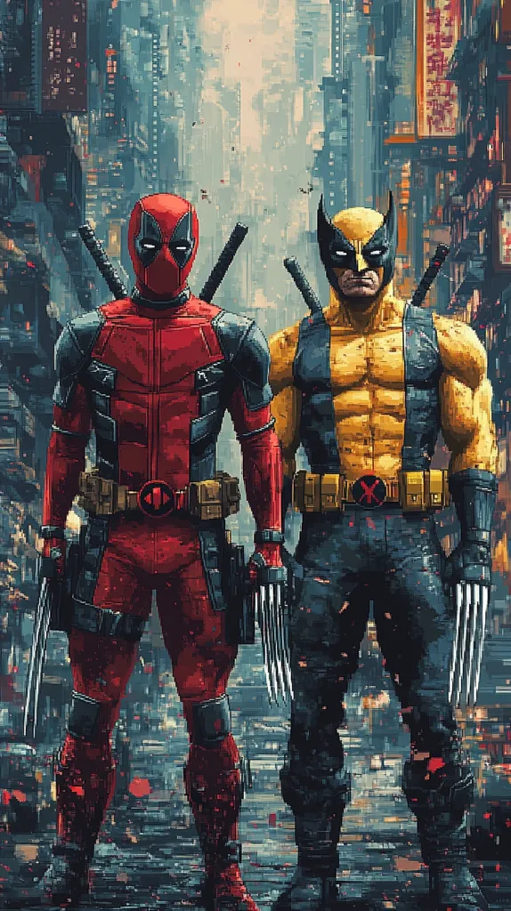 Deadpool and Wolverine are standing side-by-side in a futuristic cityscape.  Deadpool is dressed in his signature red and black suit, while Wolverine is clad in yellow and blue.  Both characters have their claws extended, ready for action.  The cityscape behind them is full of towering buildings and neon lights, creating a sense of danger and excitement.  The two heroes are ready to take on whatever challenges come their way.