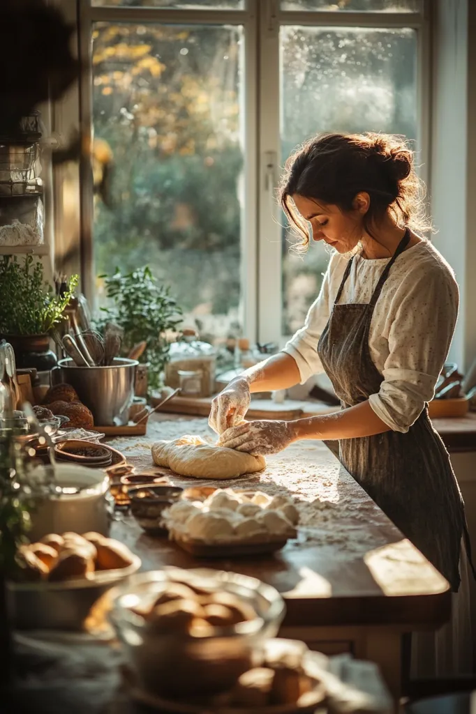 A woman kneads dough in a kitchen, her hands dusted with flour. Sunlight streams through the window illuminating the counter and the surrounding clutter. The scene evokes a sense of warmth and domesticity, with bowls of dough and pastries scattered around, suggesting a day of baking. The woman's focused expression hints at her dedication to the task at hand, creating something delicious and comforting.