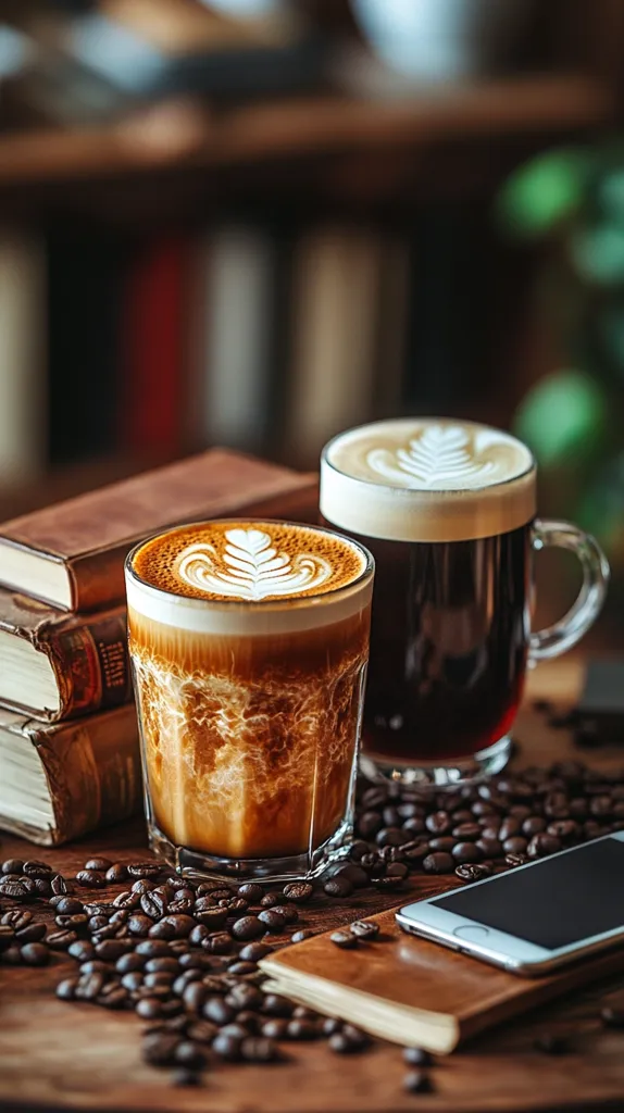 Two cups of coffee, one with latte art, sit on a wooden table surrounded by coffee beans. A stack of old books and a smartphone complete the scene. The warm lighting and rustic setting create a cozy and inviting atmosphere. The scene suggests a moment of relaxation and indulgence.