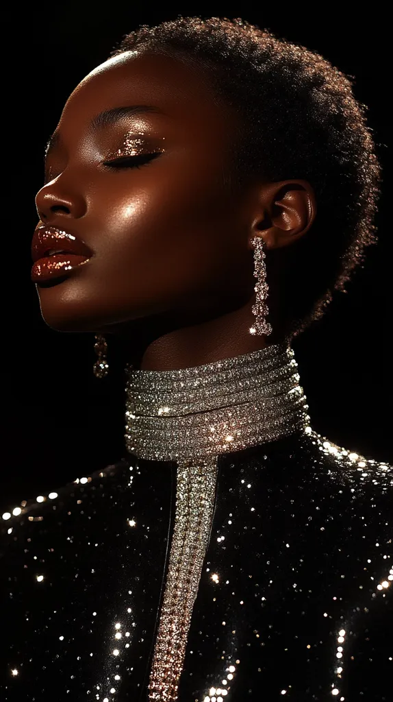 A woman with dark skin and short hair wears a black sequined outfit with a sparkling diamond choker necklace. She wears diamond earrings. Her face is lightly illuminated, highlighting her makeup and the shimmer on her skin.  Her lips are a rich brown color. She has a serious expression, her eyes looking down and slightly to the side.  The background is a deep black, further emphasizing the sparkle of her outfit.