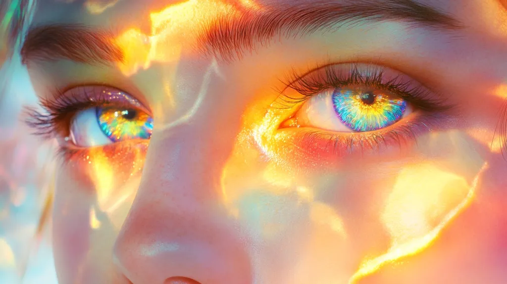 A close-up of a person's eye, with a bright blue and yellow contact lens. The eye is surrounded by shimmering light, creating a dreamy and ethereal atmosphere. The person's skin is smooth and glowing, adding to the overall sense of beauty and wonder.  The image is captivating and draws the viewer in with its vibrant colors and enchanting details.