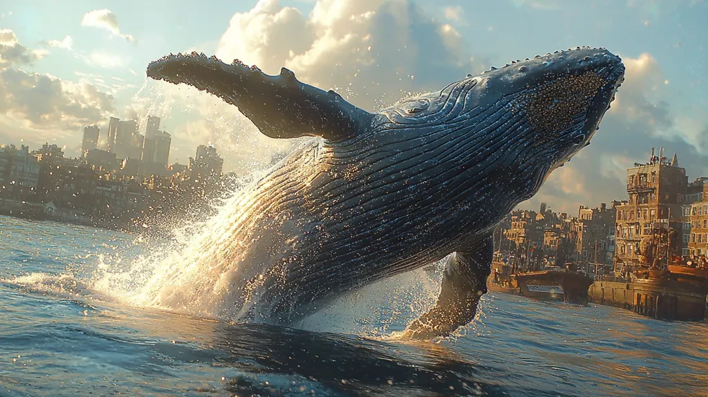 A humpback whale leaps out of the water, its massive body silhouetted against a backdrop of a city skyline. The whale's powerful tail splashes into the water, creating a spray of droplets that catch the sunlight. The scene is a juxtaposition of nature's grandeur and urban development. The city buildings are visible in the distance, highlighting the contrast between the natural world and the human-made environment.