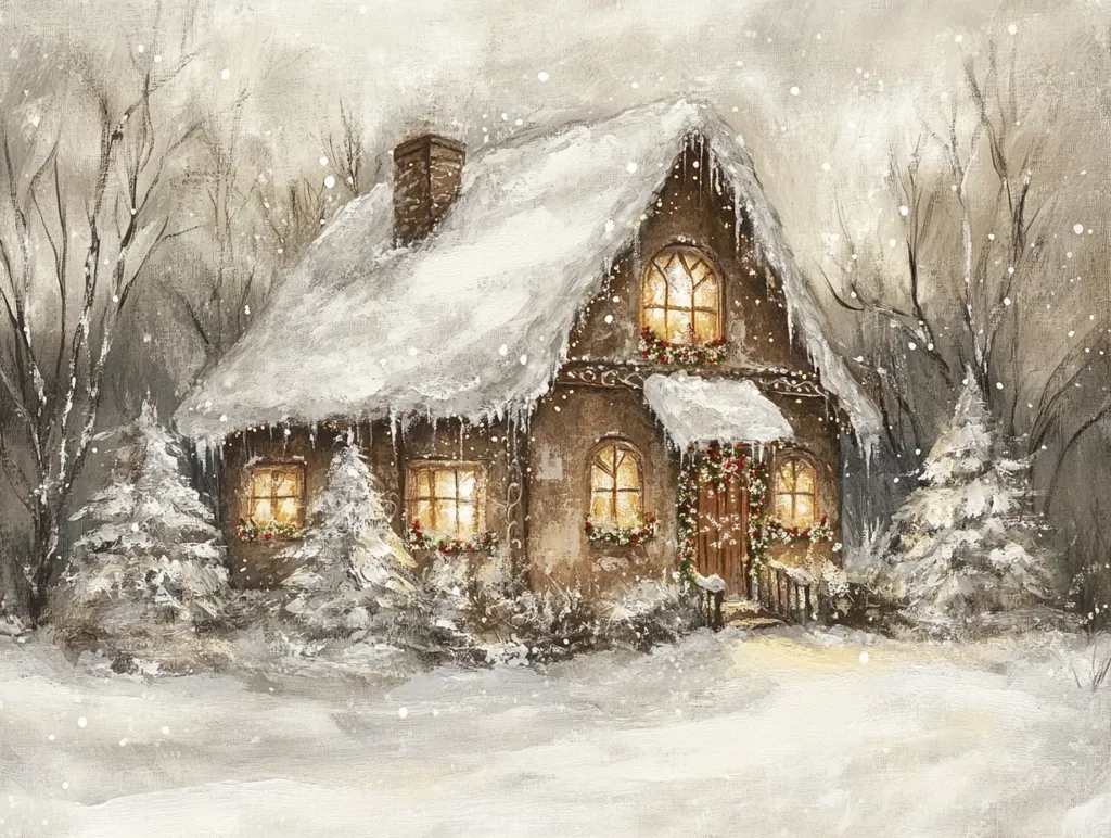 A quaint, snow-covered cottage stands amidst a snowy forest, its windows glowing warmly. Icicles hang from the eaves, and a wreath adorns the door. The scene is painted in soft, muted tones, creating a cozy and enchanting winter wonderland.  The falling snow adds to the magical atmosphere.