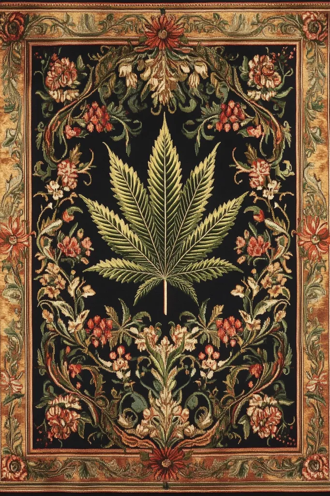A black background tapestry with a gold and green frame. The centre of the tapestry features a large green marijuana leaf, surrounded by intricate floral designs in shades of red, green and gold. The design is reminiscent of traditional floral tapestry patterns. The image suggests a playful juxtaposition of traditional and modern themes.