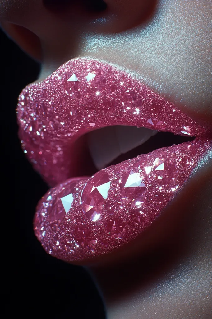 A close-up of a person's lips, covered in pink glitter and shimmering like jewels. The light reflects off the sparkling surface, highlighting the intricate pattern of the glitter. The lips are slightly parted, revealing a hint of the person's teeth. The image evokes a sense of glamour and luxury, emphasizing the beauty and allure of the lips.