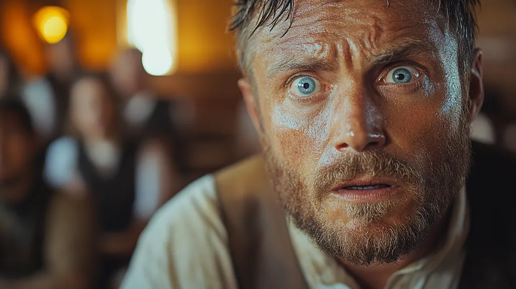 A close-up shot of a man with a beard and a worried expression. He has blue eyes, a furrowed brow, and his mouth is slightly open. He is sweaty and appears to be in distress. He is in a dimly lit room, with other people out of focus in the background.