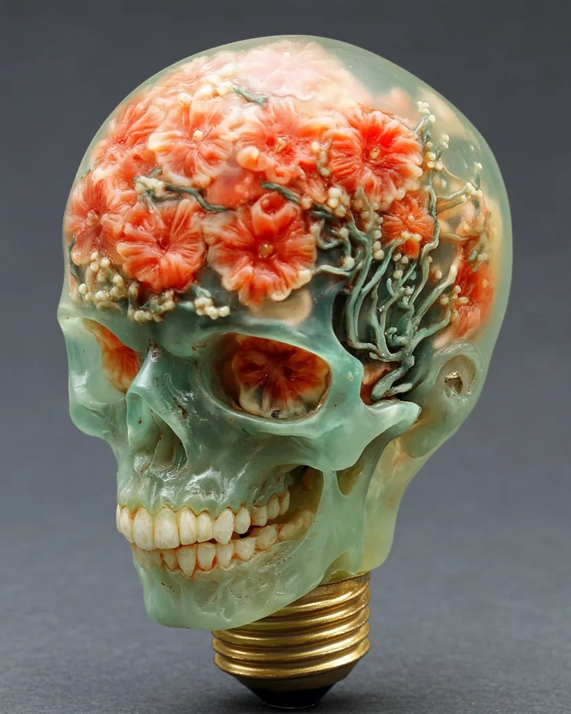 The image shows a skull sculpture made to resemble a lightbulb. The skull is translucent, and the inside is filled with delicate, coral-colored flowers. The lightbulb's base is a golden brass color, and the skull's teeth are visible. The overall effect is surreal and somewhat macabre.