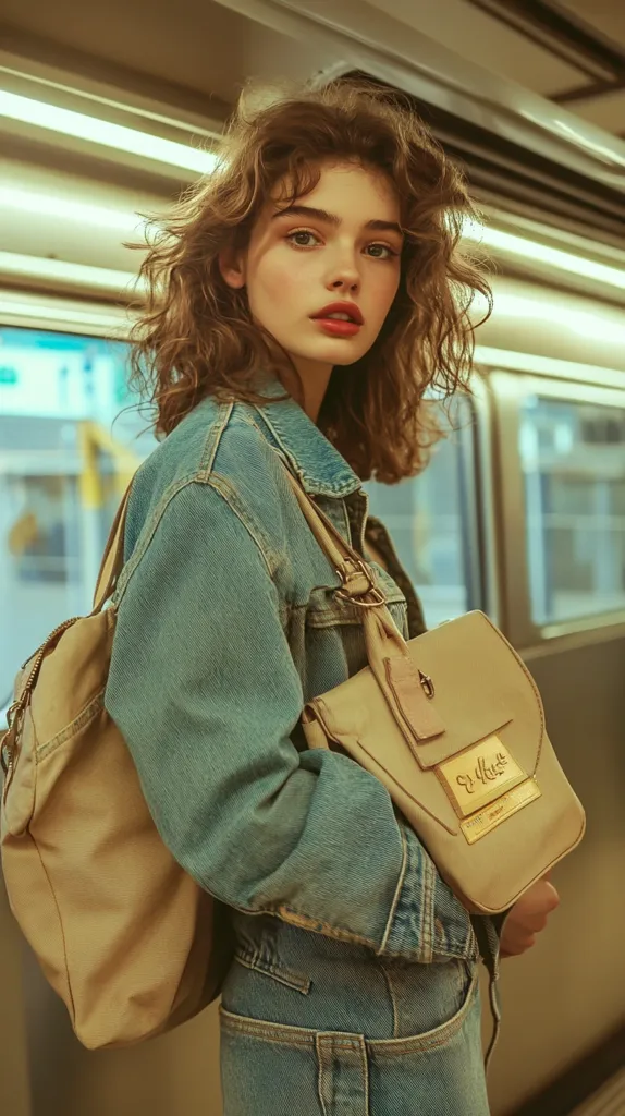 A young woman with long brown curly hair stands in front of a subway car, wearing a denim jacket, jeans, and a large tan satchel bag. She has a serious expression on her face. The image is shot in warm, filtered lighting.  The woman's look is casual and cool, with a hint of vintage style.
