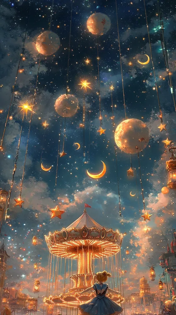 A whimsical night scene with a carousel in the foreground and a young girl riding it. The sky is filled with stars and crescent moons hanging from strings, creating a magical atmosphere. The scene is illuminated by warm, golden lights, adding to the enchanting ambiance.  The surrounding cityscape suggests a dreamlike setting.