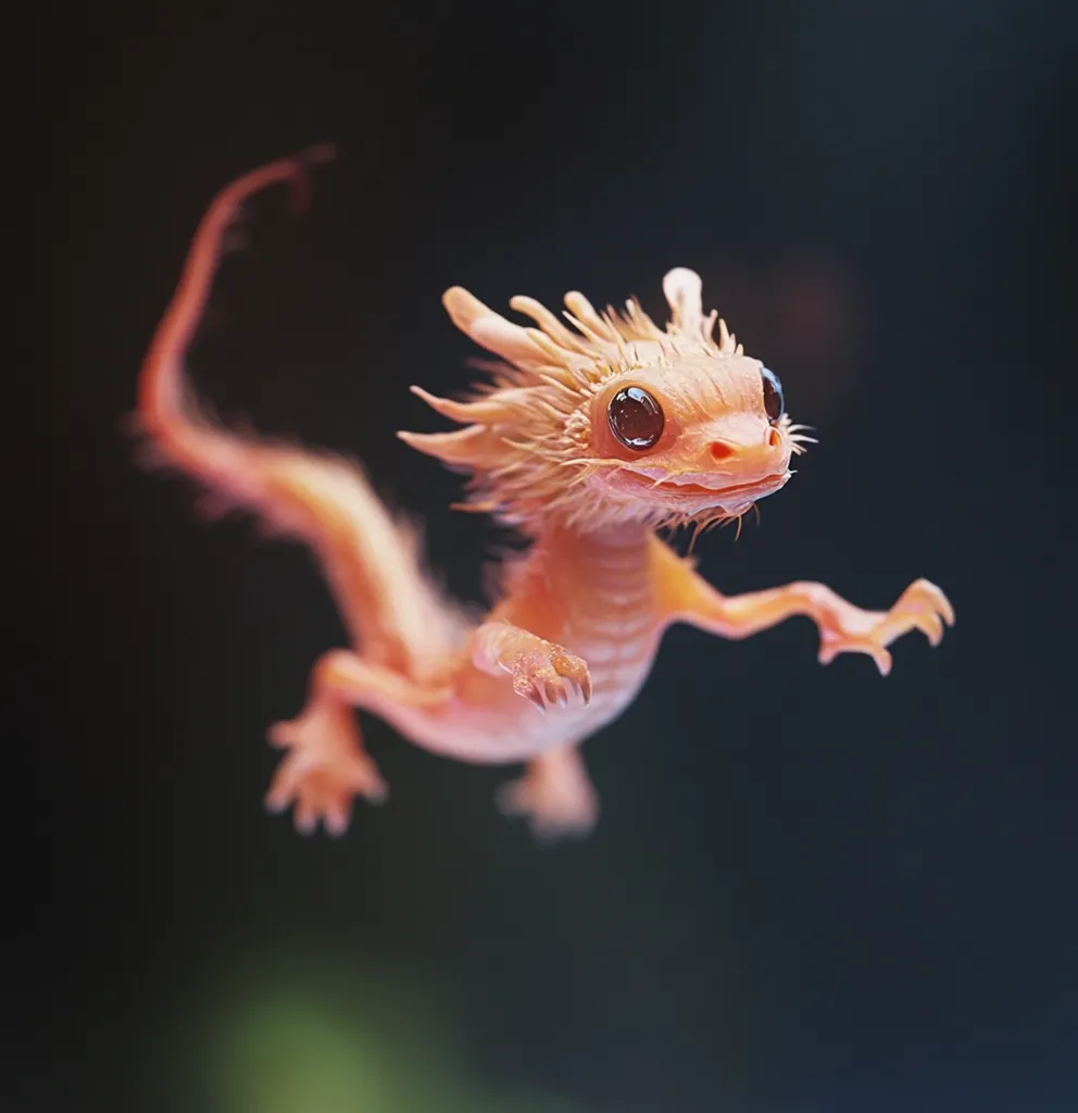 A small, orange, furry dragon-like creature with big, dark eyes and a long, thin tail is flying through the air. It is against a dark background with a blurred green spot in the bottom left corner. It looks like it's mid-flight and could be on a quest to find something. The dragon is very cute and looks friendly.