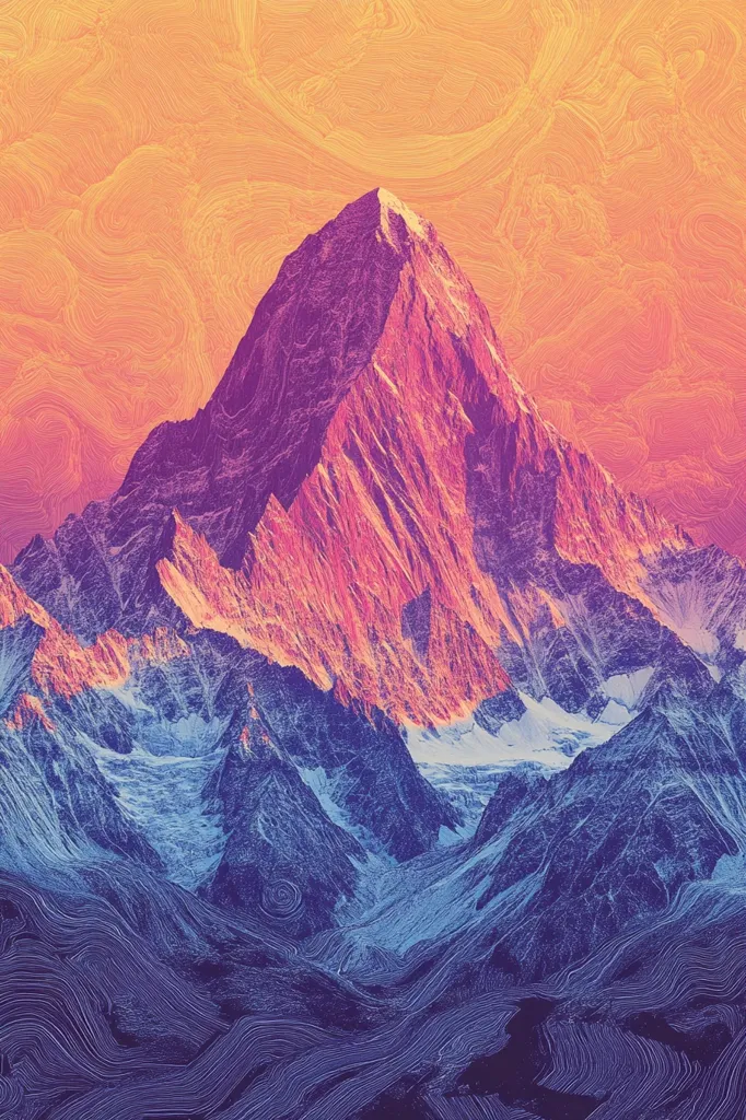 The image depicts a majestic mountain range with a prominent peak, bathed in the warm glow of a setting sun. The sky above is a vibrant blend of orange and yellow, resembling swirling lines. The mountain's slopes are a mix of vibrant purples and reds, while the lower sections are a cool blue, hinting at snow and ice. The scene is rendered in a stylized, almost abstract manner, with the contours of the mountains emphasized by flowing lines.  The overall effect is one of awe-inspiring beauty and natural grandeur.