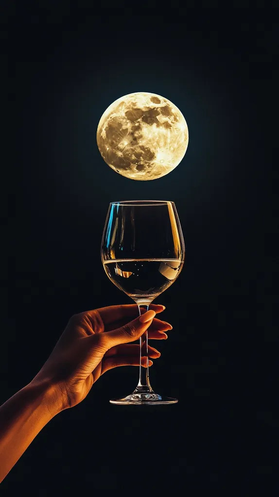 A hand holds a wine glass filled with white wine. The glass is held in front of a full moon, which is hanging in the dark sky. The moon's light illuminates the glass, creating a warm glow. The image has a minimalist and aesthetic quality.