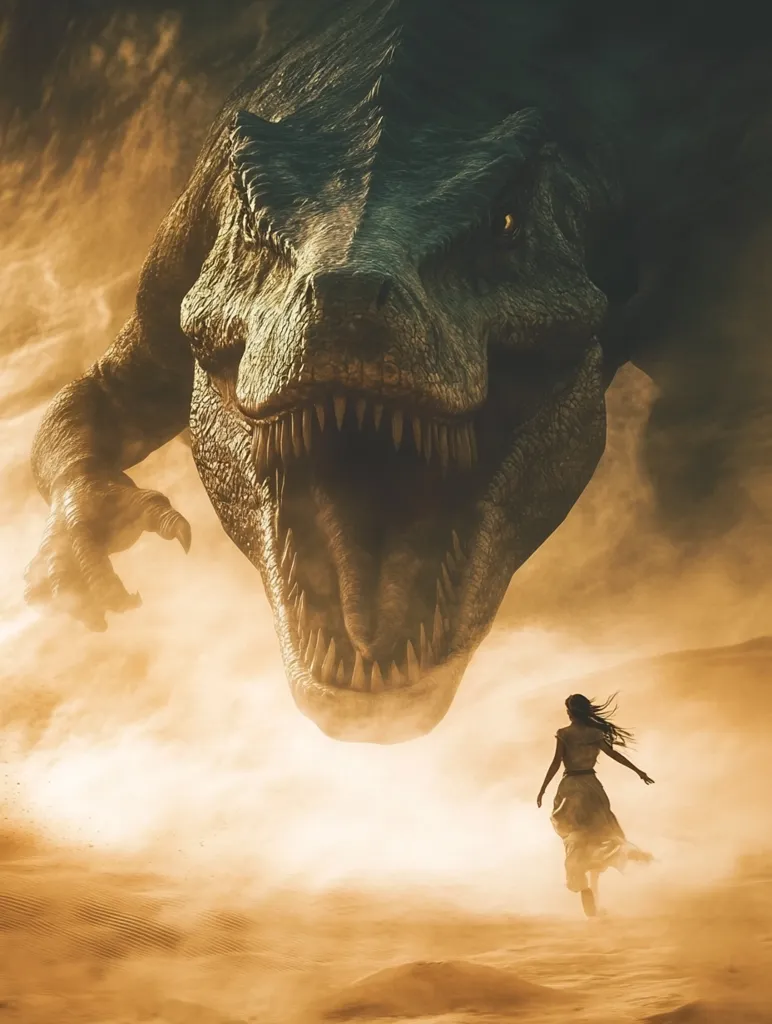 A large, green dinosaur with sharp teeth and glowing eyes looms over a woman in a flowing dress in a desert landscape. The dinosaur's head is lowered, as if to attack, while the woman runs away from it. The scene is shrouded in a hazy, golden light, creating a sense of mystery and danger.