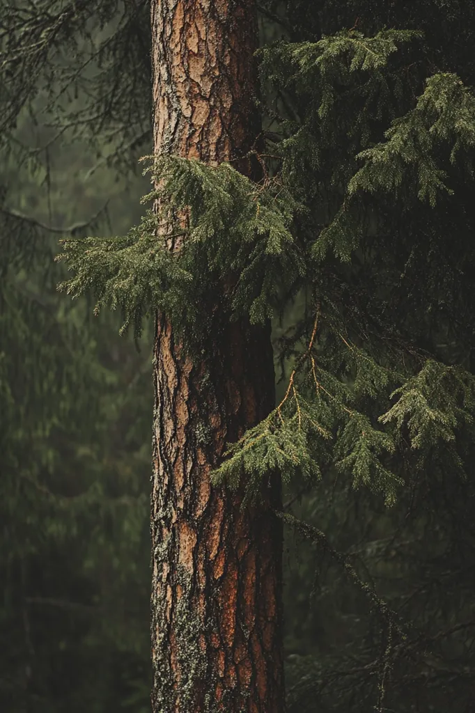 A close-up shot of a large pine tree trunk with its rough, reddish-brown bark, partially obscured by lush, green pine branches reaching out from the right. The background is a dense, dark forest with blurred foliage, suggesting a mysterious and tranquil setting.