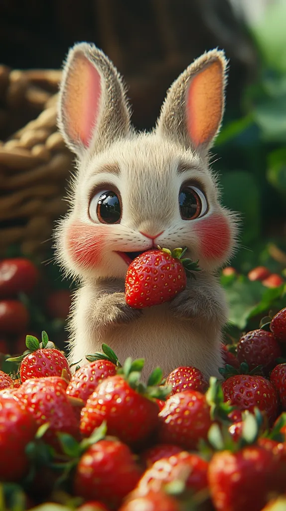 A cute, cartoon-style rabbit with large, brown eyes and rosy cheeks holds a bright red strawberry in its paws. The rabbit is surrounded by a bed of red strawberries, creating a vibrant and delightful scene. The image is rendered in a realistic style with soft lighting and attention to detail.