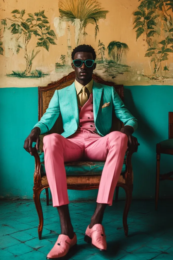 A man in a vibrant turquoise suit and pink trousers sits on a wooden chair. He wears teal sunglasses and a light brown tie. His expression is serious, and the room's teal walls and tiled floor are adorned with palm tree paintings. The overall image conveys a sense of stylish elegance and a touch of mystery.