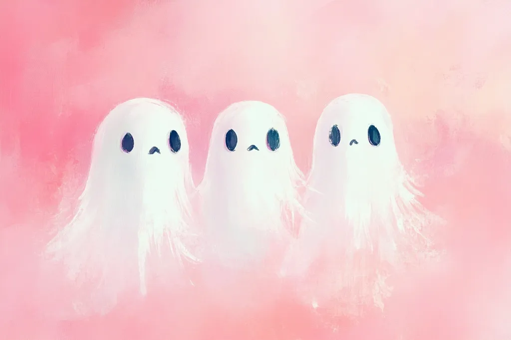 The image depicts three white ghosts with black eyes and mouths, against a soft pink background. The ghosts have a slightly sad expression, and their wispy forms blend into the hazy background. The image creates a whimsical and ethereal atmosphere, suggesting a ghostly presence in a dreamy setting.