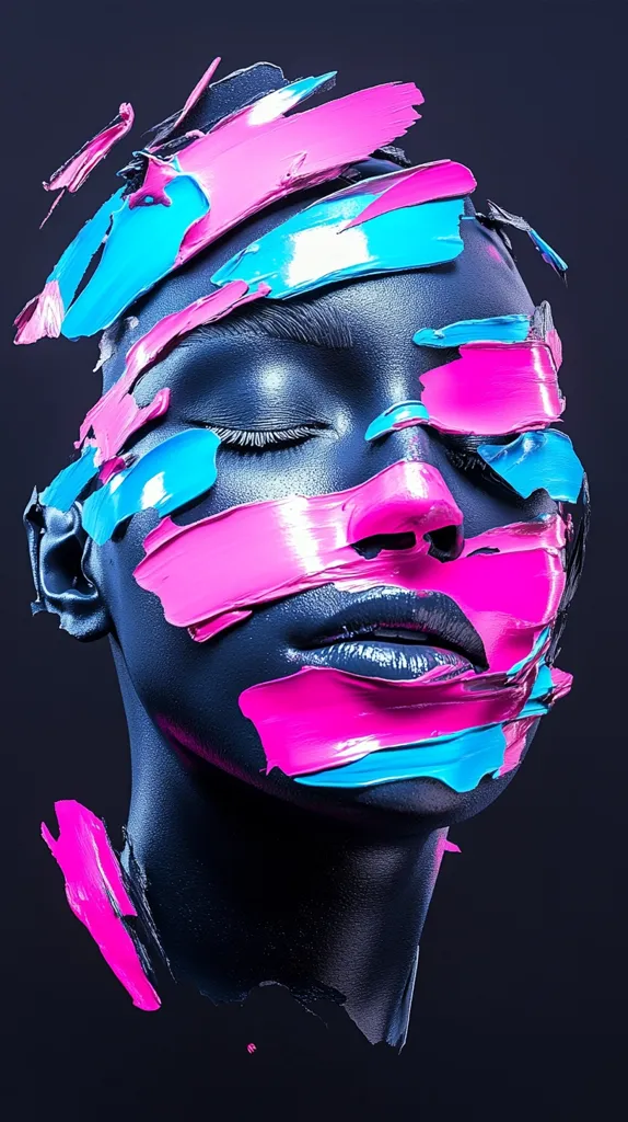 A woman's face is covered in bright pink and blue paint strokes. Her eyes are closed and she appears to be in a state of calm or trance. The background is a dark, almost black, which makes the vibrant colors of the paint stand out even more. The image is abstract and stylized, with a focus on the beauty and expressiveness of the human form. The paint appears to be thick and textured, adding to the three-dimensionality of the piece.