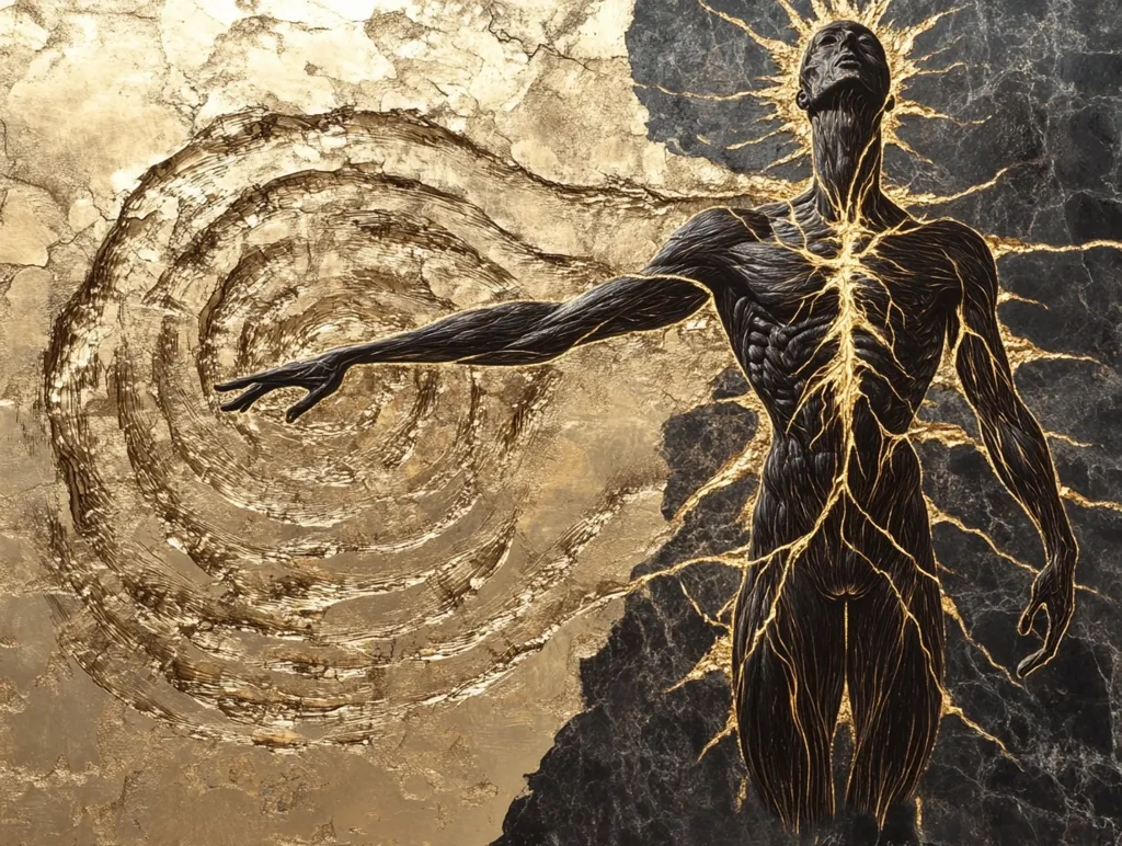 The image depicts a stylized human figure with its arms outstretched, rendered in black against a contrasting backdrop of gold and black. The figure's body is adorned with intricate lines resembling veins or lightning bolts, emanating from its core and radiating outward. The background is a swirling, circular pattern in gold, creating a sense of movement and energy. The figure appears to be reaching out or embracing the swirling gold, suggesting themes of creation, energy, or connection.