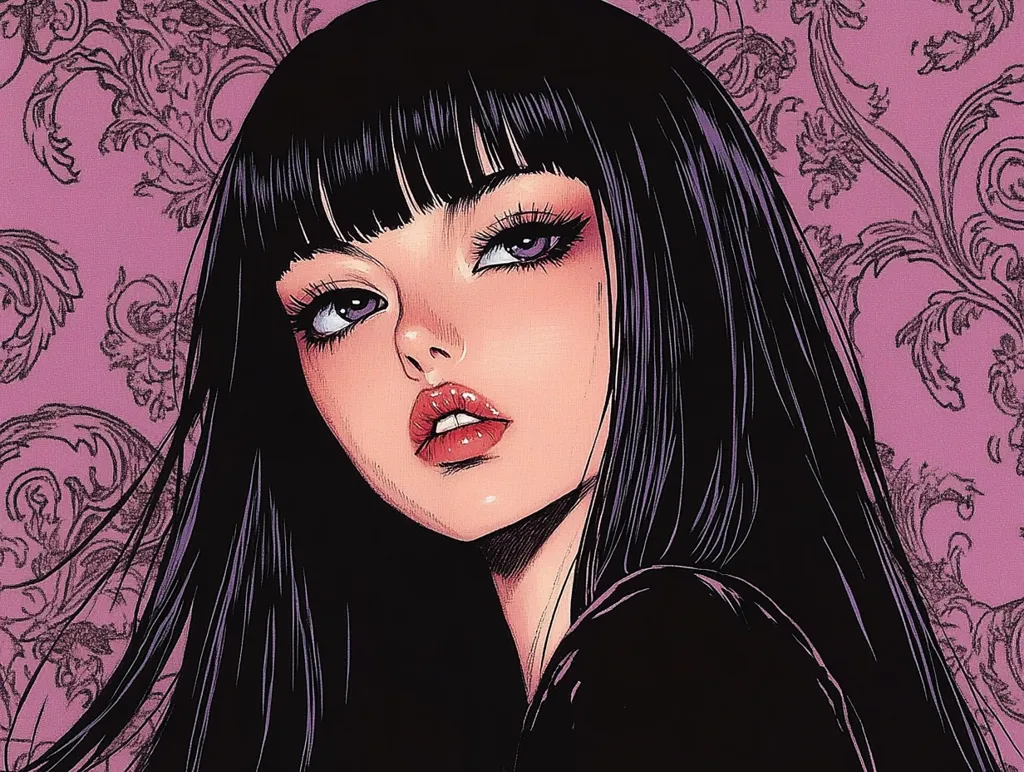 The image is a digital illustration of a young woman with long black hair. She has a dramatic, almost gothic look. She wears a dark outfit and has a pale complexion and dramatic makeup. The image is set against a background of a pink and white floral pattern. The image is in a cartoon style. The woman's expression is one of cool indifference. The image is likely meant to be alluring and mysterious.  The image is suggestive of a powerful and confident female persona.
