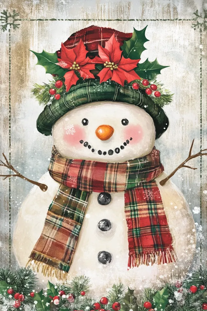 A cheerful snowman with a plaid scarf and hat adorned with holly and red poinsettias stands in a snowy winter scene.  The snowman has a friendly face with rosy cheeks and a carrot nose, and a background of a distressed wood fence with a hint of snow.  This charming illustration evokes a warm and cozy winter atmosphere.