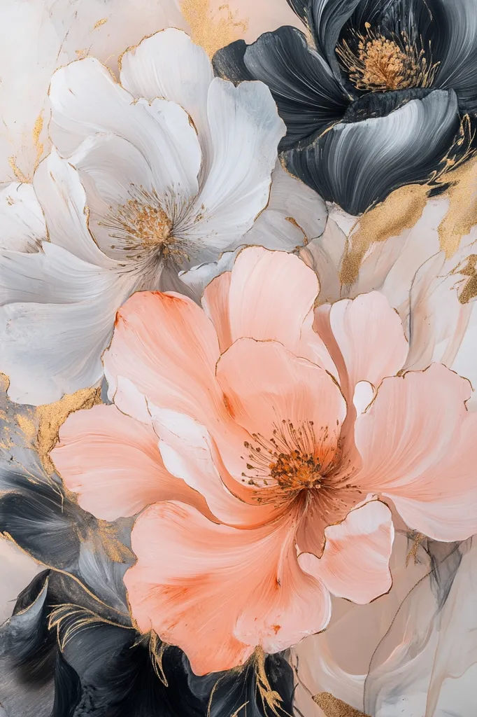 A close-up of a painting of three large flowers. One is a soft white, one is a vibrant peach, and one is a deep charcoal. The flowers are rendered in a loose, impressionistic style, with visible brushstrokes. The background is a pale pink, with gold accents. The image evokes a sense of delicate beauty and tranquility.