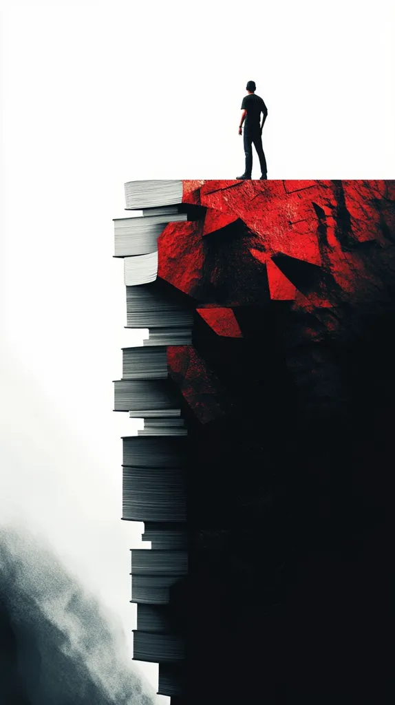 A man stands at the edge of a cliff, looking out over a misty valley. The cliff is formed from a massive stack of books, the top few pages painted a vibrant red. The image suggests a journey of knowledge, with the man standing at the precipice of discovery. The red pages symbolize the potential for danger or excitement, while the vast stack of books represents the journey to get there. The misty valley adds to the sense of mystery and the unknown.