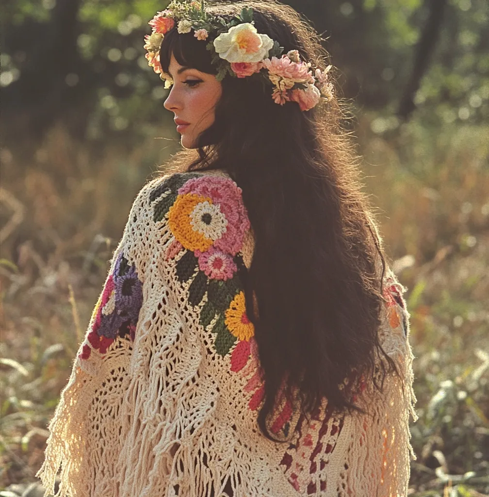 A woman with long dark hair, wearing a crocheted shawl with floral embroidery, looks off to the side. She is adorned with a floral crown and stands in a field of tall grass.  The soft lighting gives the image a dreamy and nostalgic feel.