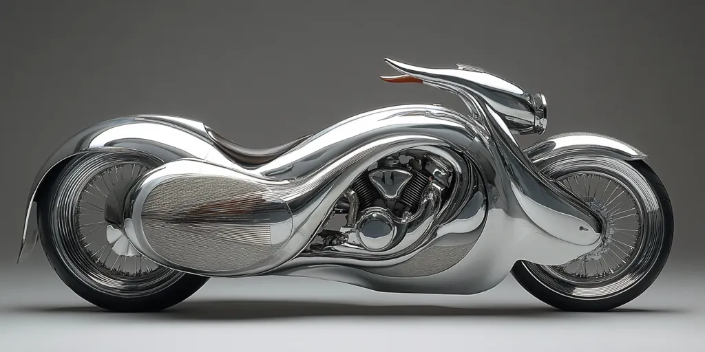 The image shows a gleaming, chrome-plated motorcycle with a futuristic design. The motorcycle is sleek and aerodynamic, with a prominent engine and intricate details that resemble scales. The wheels are large and spoked, while the headlight is a sleek, oval shape. The motorcycle's chrome finish reflects the light, giving it a striking and almost ethereal appearance.  The overall design is both minimalist and bold, suggesting speed and power.  The background is a simple, gray, which allows the motorcycle to be the focal point.