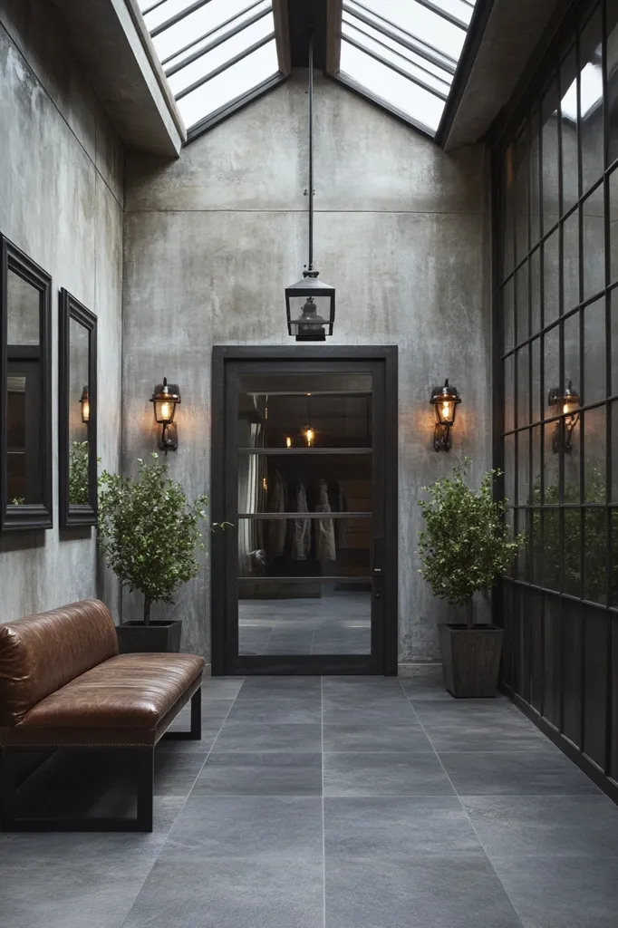 A modern, industrial-style hallway with a sleek black door leading to an outdoor space. The hallway features exposed concrete walls, a skylight, and a black metal bench with a brown leather seat.  There are two potted plants and black wall sconces on either side of the doorway, adding a touch of greenery and warmth. The hallway is illuminated by a single pendant light hanging from the ceiling, adding to the overall stylish and minimalist aesthetic.